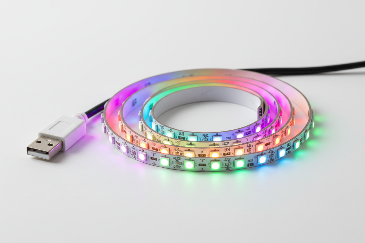 RGB LED strip light close-up showing flexible ribbon tape with colorful LEDs