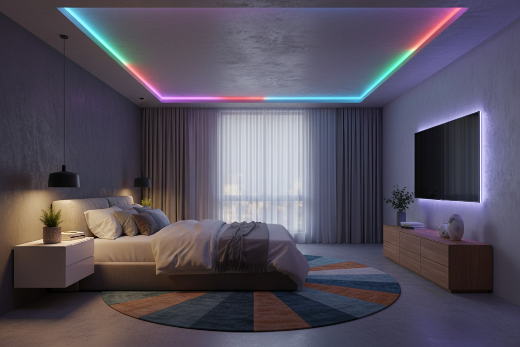 RGB LED strip lights glowing in a cozy bedroom with colorful ambient lighting