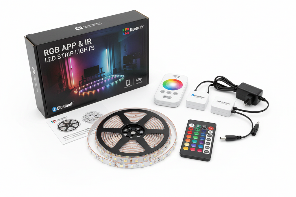 RGB LED strip lights kit with APP control remote and IR remote accessories